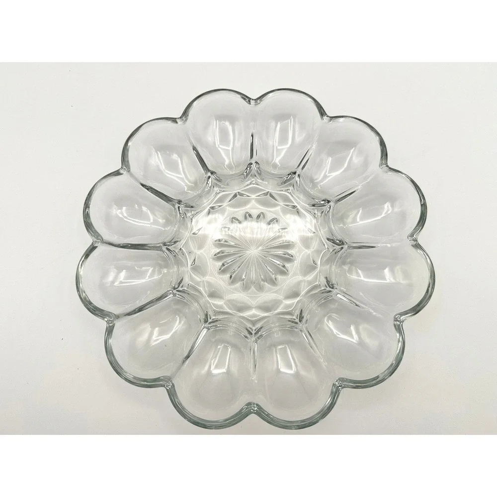 Vintage Anchor Hocking Deviled Egg Plate 10 Inch Clear Glass Scalloped Starburst